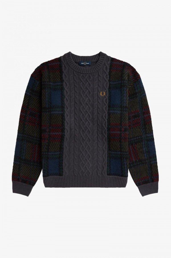 Tartan Panel Cable Knit Jumper Knitwear Tartan Panel Cable Knit Jumper Knitwear
